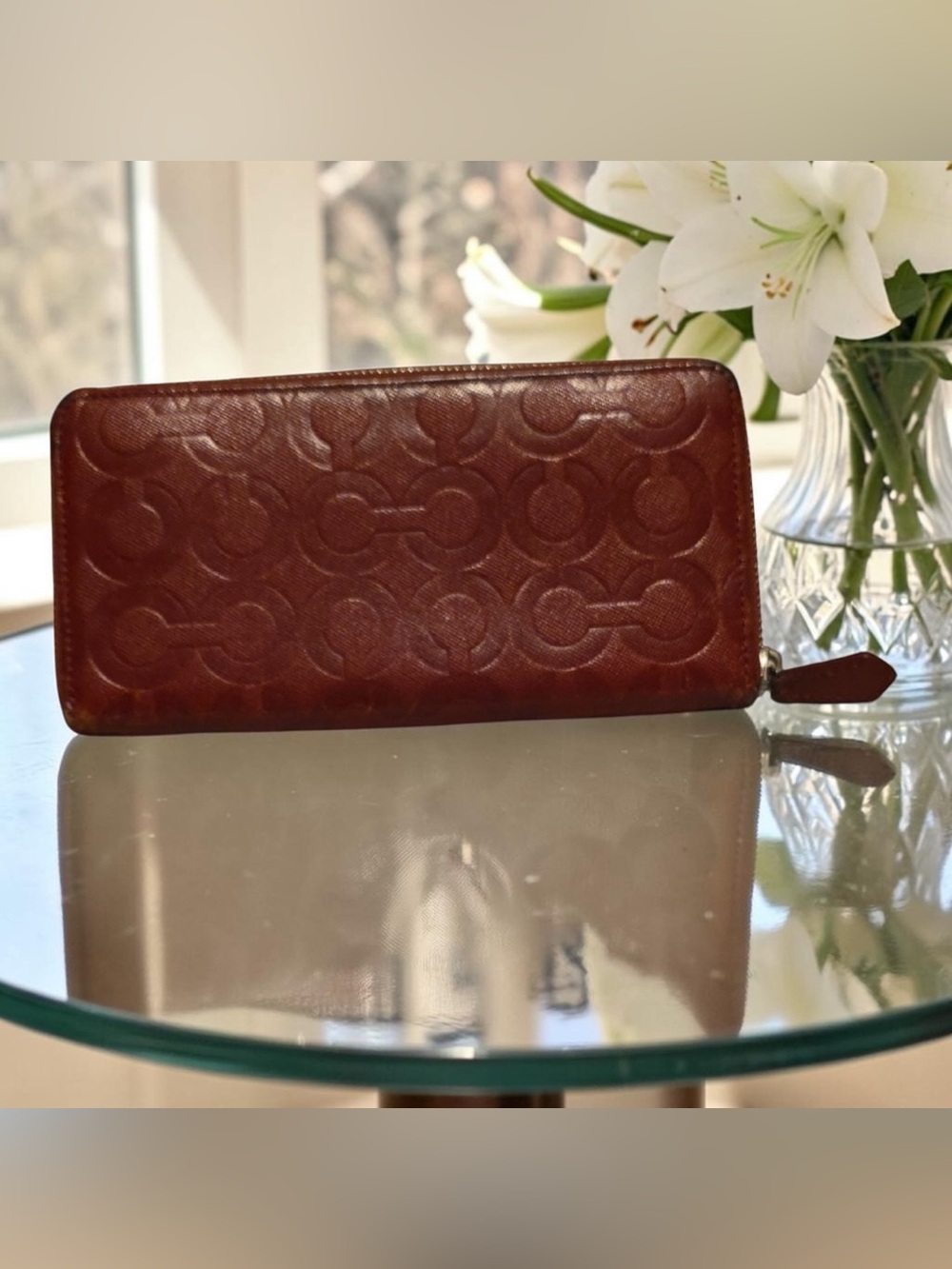 Coach Embossed Leather Zip Wallet in Brownish Red